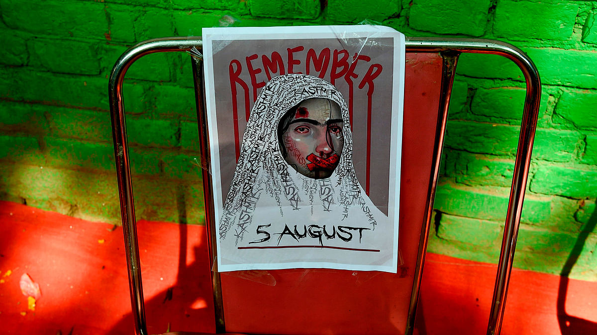 A placard is pasted on a chair during a demonstration to condemn the scrapping of Article 370 that granted a special status to Jammu and Kashmir by the Indian government, in New Delhi on 9 August 2019. Photo: AFP
