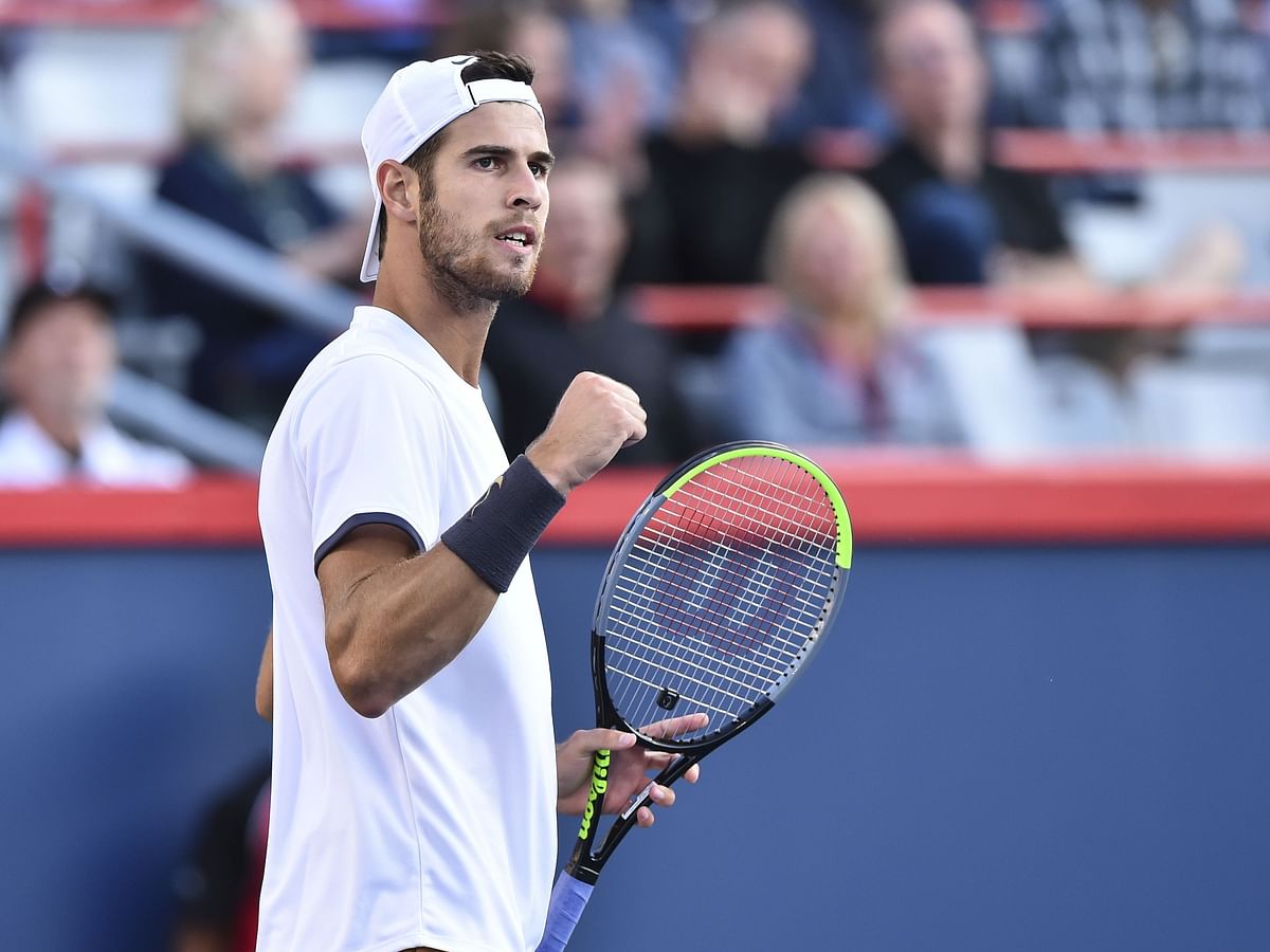 Karen Khachanov of Russia celebrates a point against Daniil Medvedev of Russia during day 9 of the Rogers Cup at IGA Stadium on 10 August 2019 in Montreal, Quebec, Canada. Photo: AFP