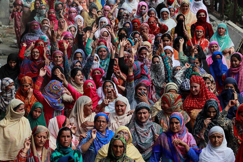 Kashmiri women shout slogans during a protest after the scrapping of the special constitutional status for Kashmir by the Indian government, in Srinagar, on 11 August 2019. Photo: Reuters