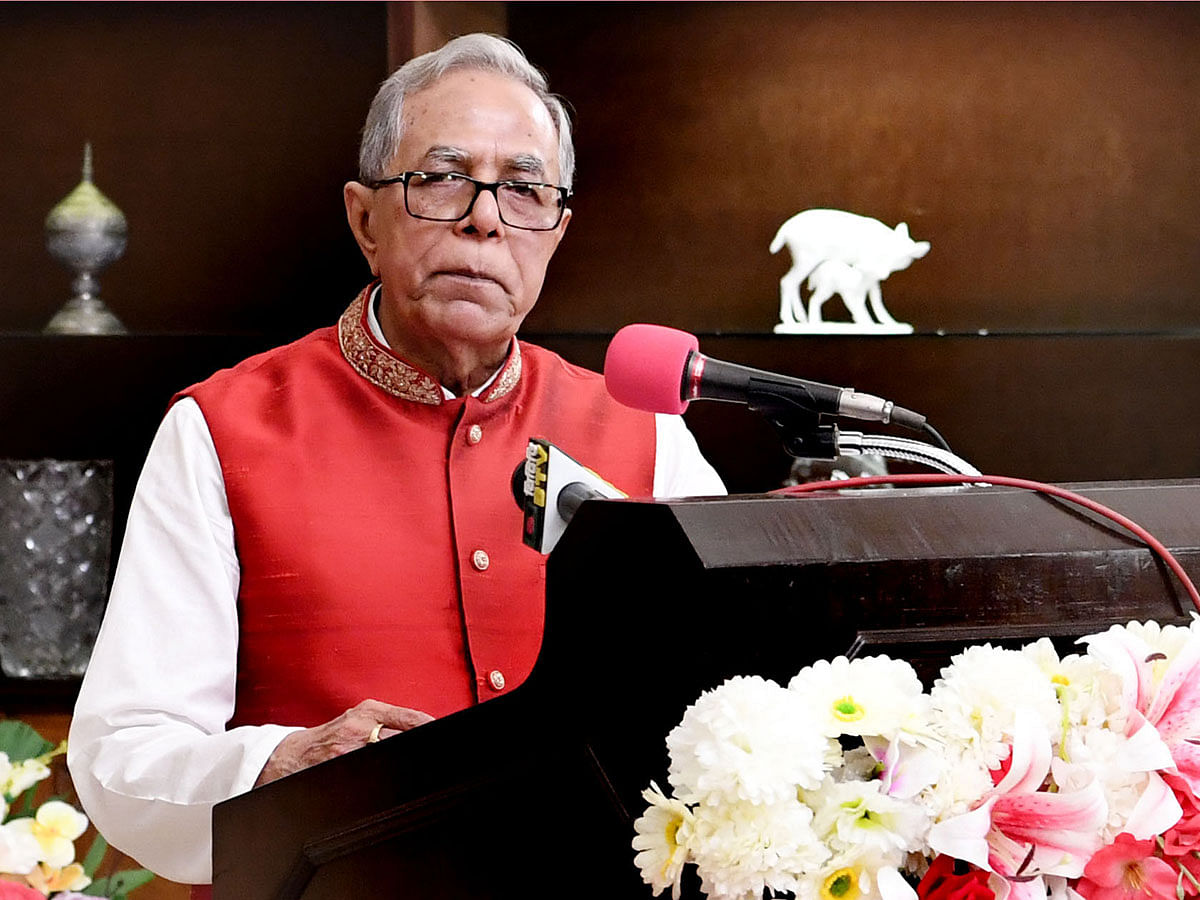 President M Abdul Hamid addresses a programme after exchanging greetings with dignitaries at Bangabhaban, Dhaka on the occasion of Eid-ul-Azha on Monday. Photo: PID