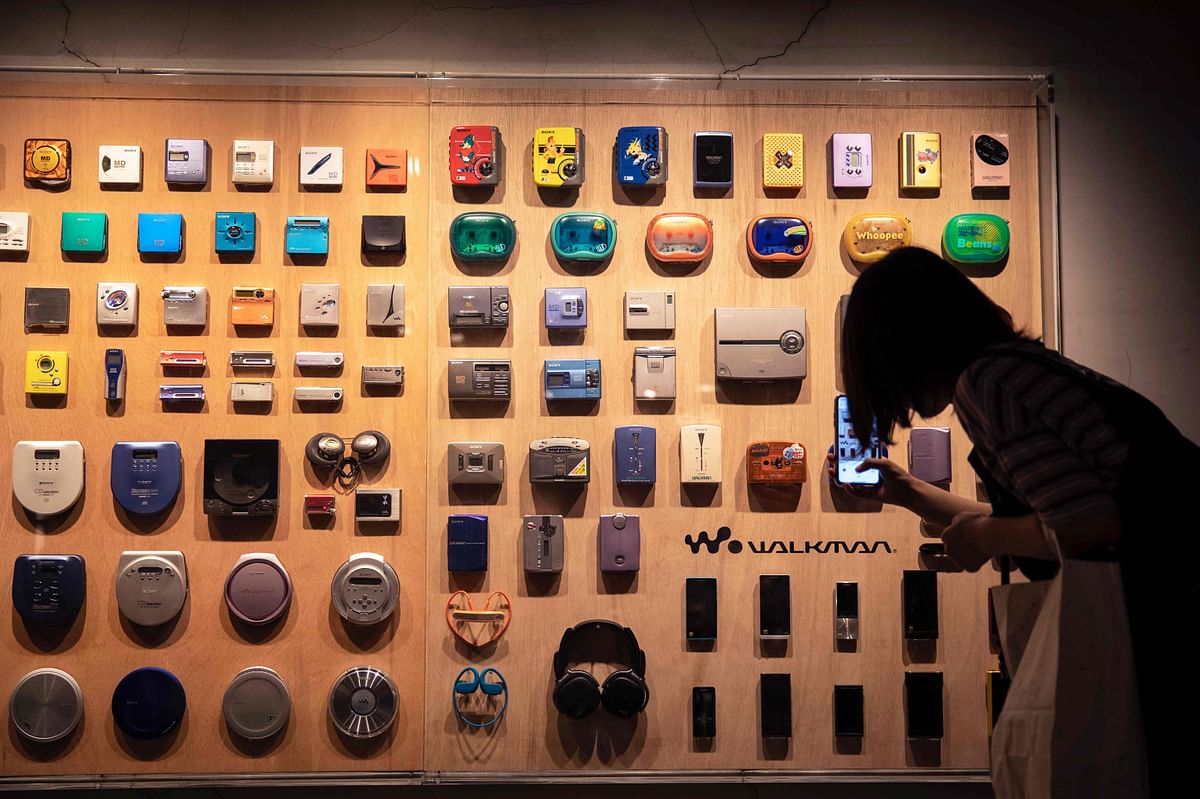 In this picture taken on 10 July 2019, various models of Sony Walkman audio players are displayed at an exhibition marking the 40th anniversary of the iconic device, in Tokyo. Photo: AFP