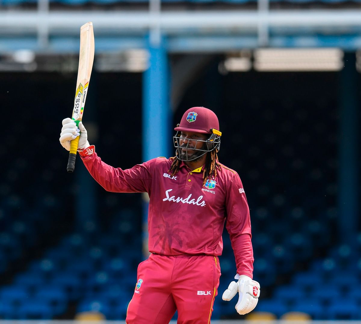 Chris Gayle of West Indies celebrates during the 2nd ODI match against India at Queens Park Oval in Port of Spain, Trinidad and Tobago, on 11 August 2019. Photo: AFP