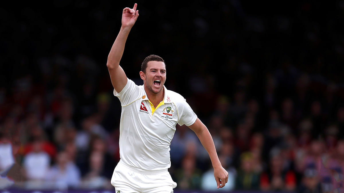 Australia`s Josh Hazlewood celebrates taking the wicket of England`s Jason Roy at Lord`s Cricket Ground, London, Britain on 15 August, 2019. Photo: Reuters