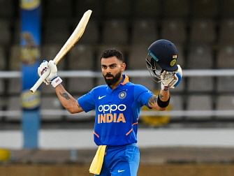 Virat Kohli of India celebrates his century during the 3rd ODI match between West Indies and India at Queens Park Oval, Port of Spain, Trinidad and Tobago, on Wednesday. Photo: AFP