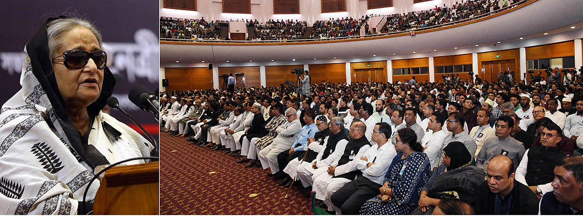 Prime minister Sheikh Hasina addresses a programme to mark the National Mourning Day and 44th martyrdom anniversary of Father of the Nation Bangabandhu Sheikh Mujibur Rahman on Friday. Photo: PID.