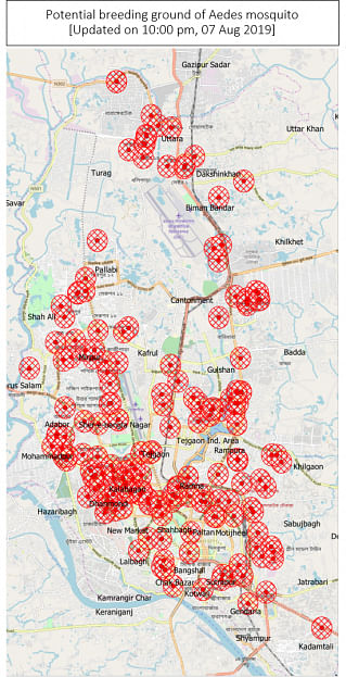 Dengue-infected patients are prevalent in red marked areas of Dhaka.