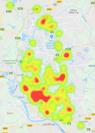 The map shows prevalence of dengue-infected patients in Dhaka.