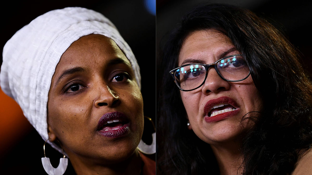 This combination of pictures created on 15 August, 2019 shows Democrat US Representatives Ilhan Abdullahi Omar (L) and Rashida Tlaib during a press conference, to address remarks made by US president Donald Trump earlier in the day, at the US Capitol in Washington, DC on 15 July, 2019. Photo: AFP