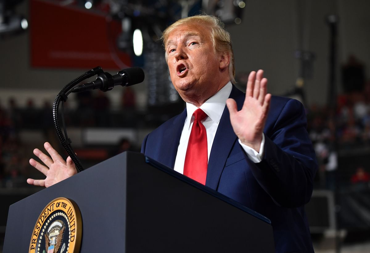 US president Donald Trump speaks during a `Keep America Great` campaign rally at the SNHU Arena in Manchester, New Hampshire, on 15 August 2019. Photo: AFP