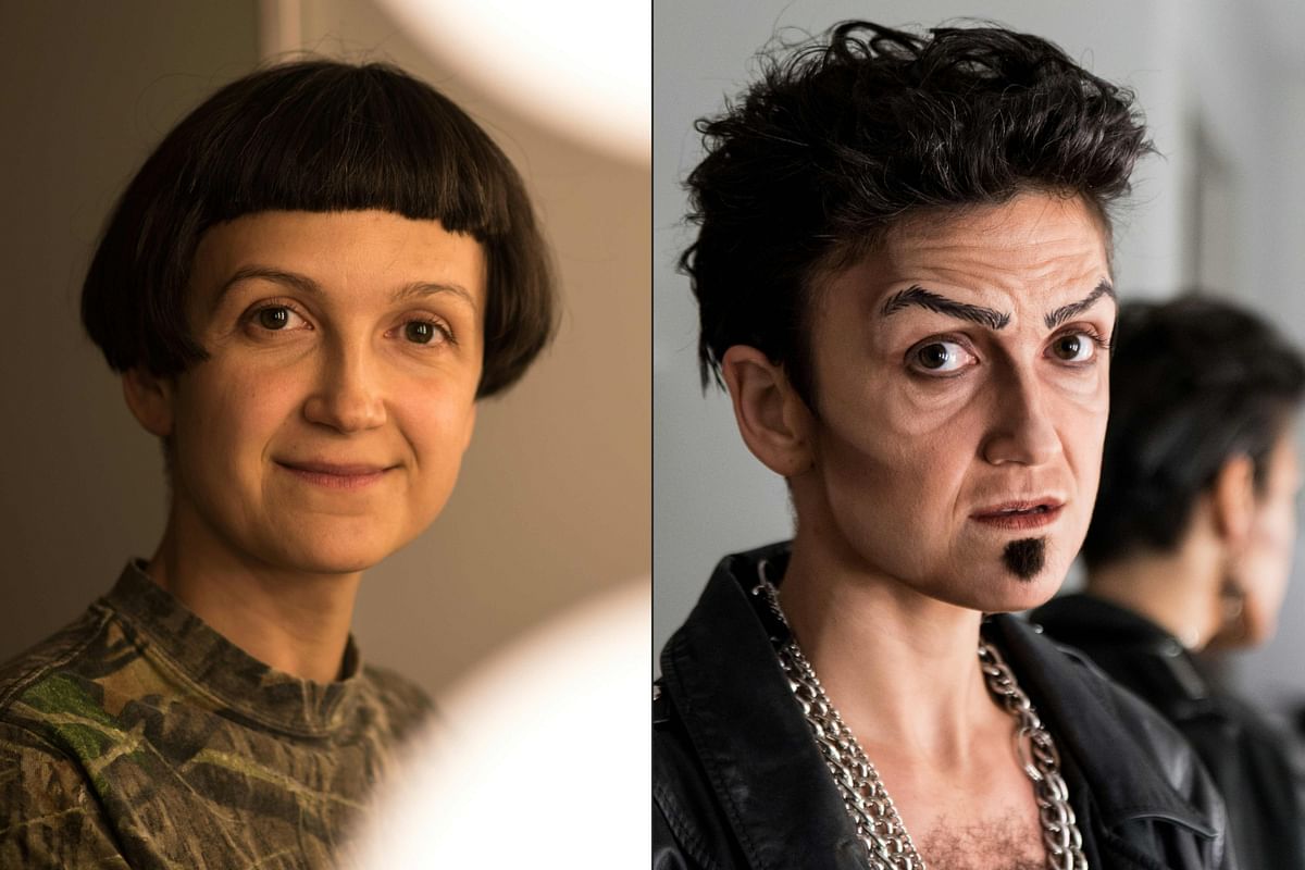 This combination of file pictures created on 12 August 2019 shows Melodie Rousseau posing before applying makeup and after for her Drag King performance in Montreal, Canada. Photo: AFP
