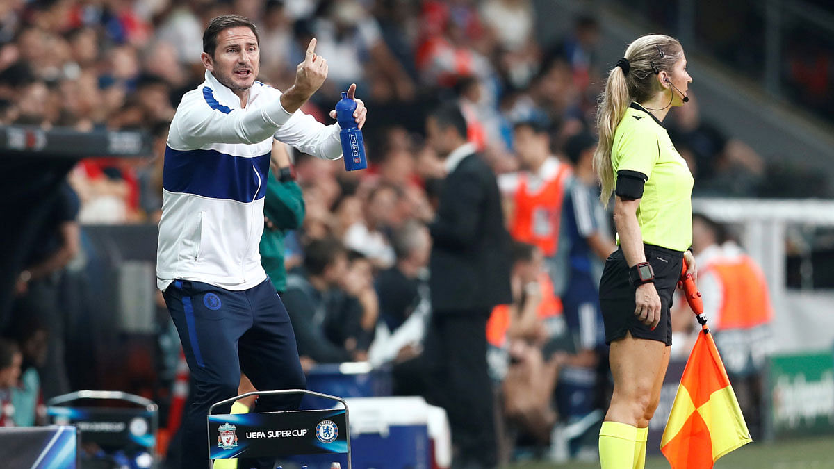 Chelsea manager Frank Lampard reacts during UEFA Super Cup final against Liverpool in Istanbul, Turkey. Photo: Reuters