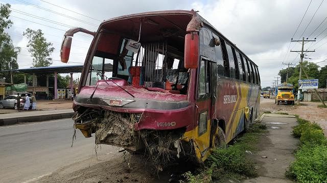 The damaged bus is seen after the accident that killed four people on the Dhaka-Sylhet highway on 17 August 2019. Photo: Prothom Alo