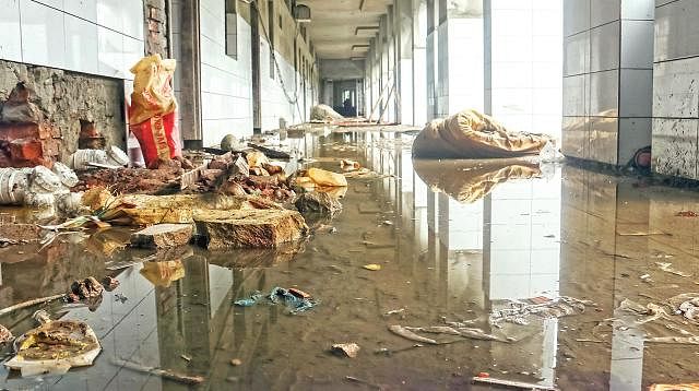 Water gathered at the underconstruction second floor of Sher-e-Bangla Medical College and Hospital, Barishal. Photo: Sayan