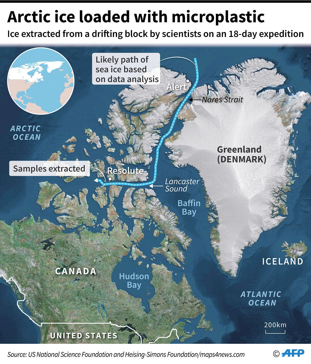 Map showing the likely path of a drifting Arctic sea ice block in which samples extracted by scientists showed microplastic content. Photo: AFP