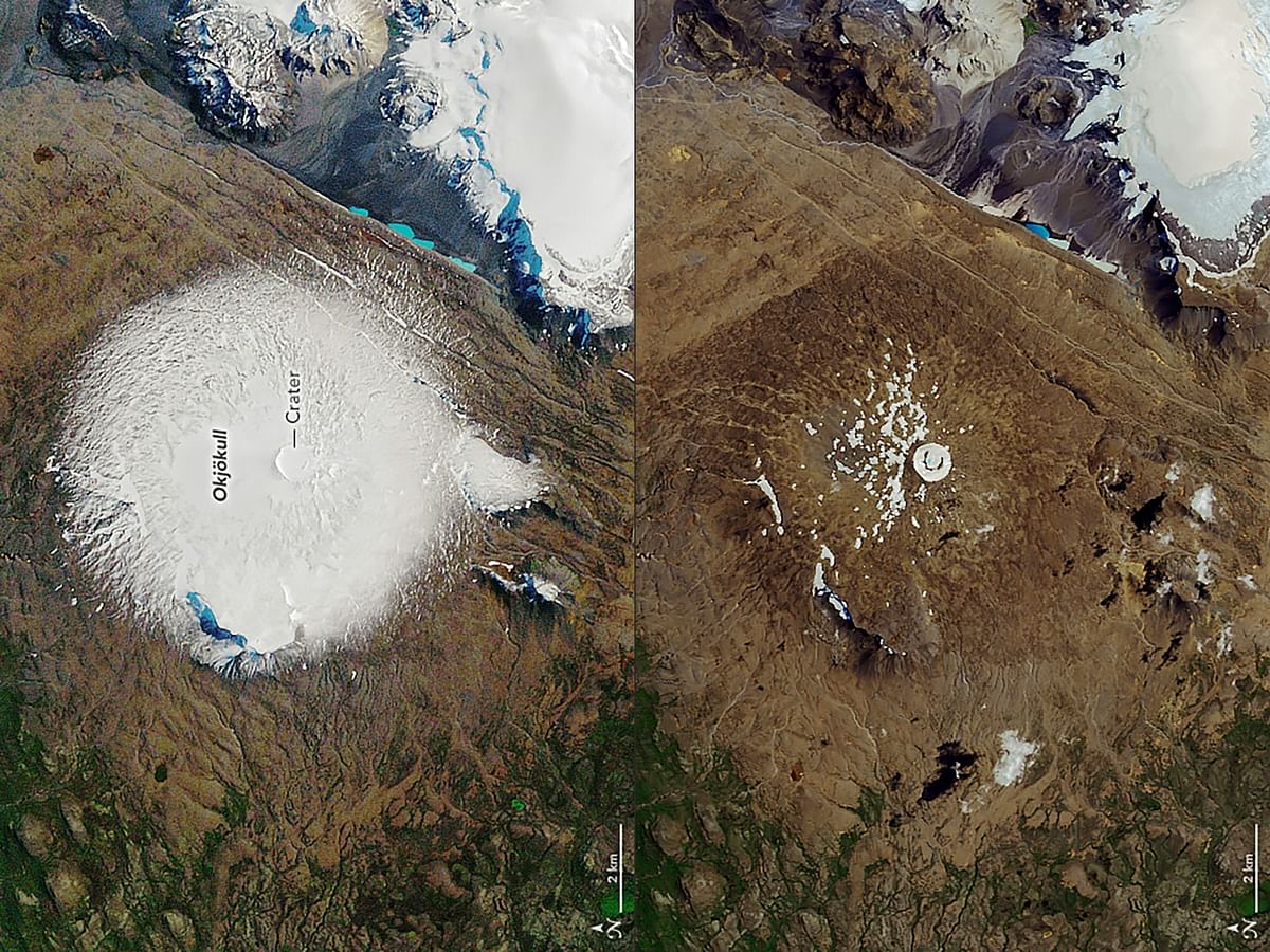 This combination created on 9 August shows a NASA handout image taken on 7 September 1986 showing the Okjökull glacier atop the Ok Volcano in Iceland (top). And a NASA handout image taken on 1 August 2019 showing the top of the Ok Volcano where the Okjokull glacier has melted away throughout the 20th century and was declared dead in 2014. Photo: AFP