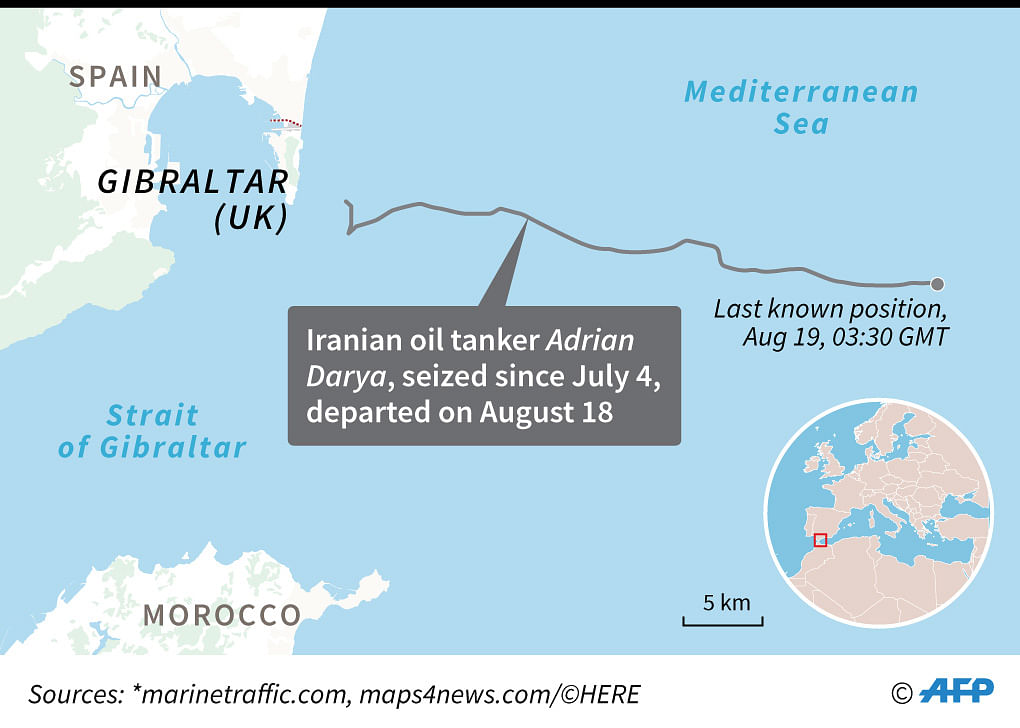 Map locating the last known position of Iranian oil tanker Adrian Darya, formerly Grace 1, which was seized off Gibraltar on July 4 and left on 18 August. Photo: AFP