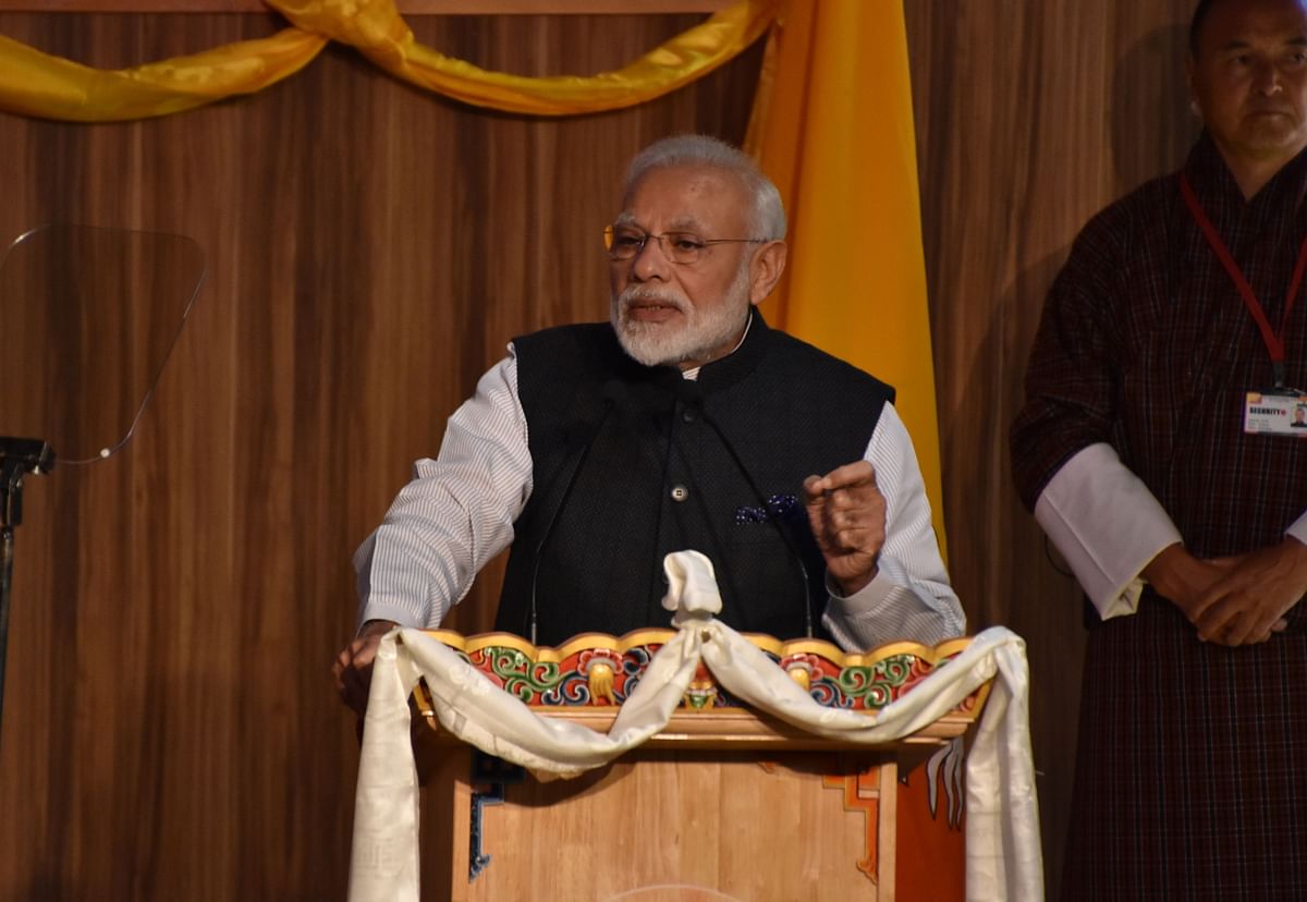 Indian prime minister Narendra Modi speaks during a meeting with students at the Royal University of Bhutan during Modi`s two-day official visit to Bhutan, in Thimpu on 18 August 2019. Photo: AFP