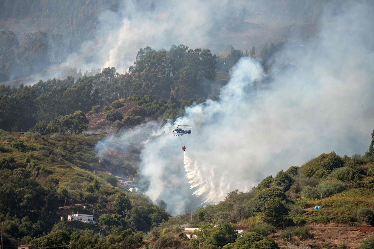 A helicopter drops water over a forest fire raging in the Moya mountains on the island of Gran Canaria on 19 August 2019. Photo: AFP