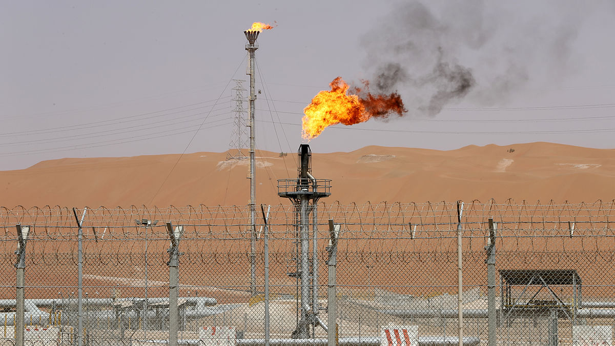 Flames are seen at the production facility of Saudi Aramco`s Shaybah oilfield in the Empty Quarter. Photo: Reuters