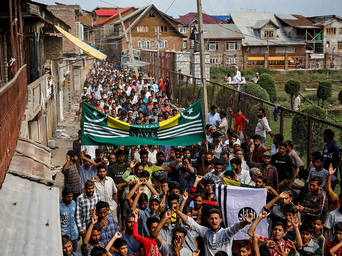 Kashmiri men shout slogans during a protest after the scrapping of the special constitutional status for Kashmir by the Indian government, in Srinagar, on 11 August. Photo: Reuters