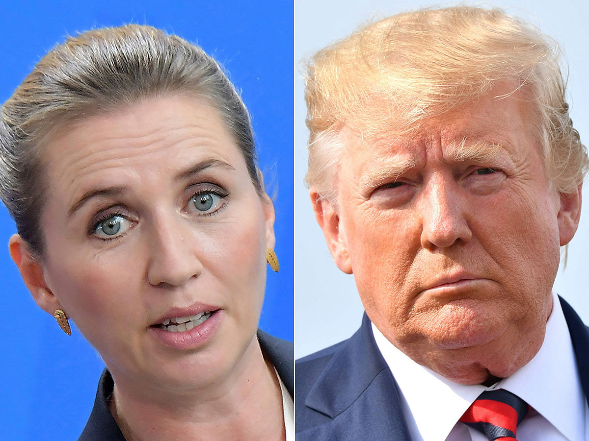 This combination of pictures created on 20 August 2019 showsDenmark`s prime minister Mette Frederiksen (L) at a joint press conference on 11 July 2019 at the Chancellery in Berlin and US president Donald Trump before boarding Air Force One in Morristown, New Jersey, on 18 August 2019. Photo: AFP