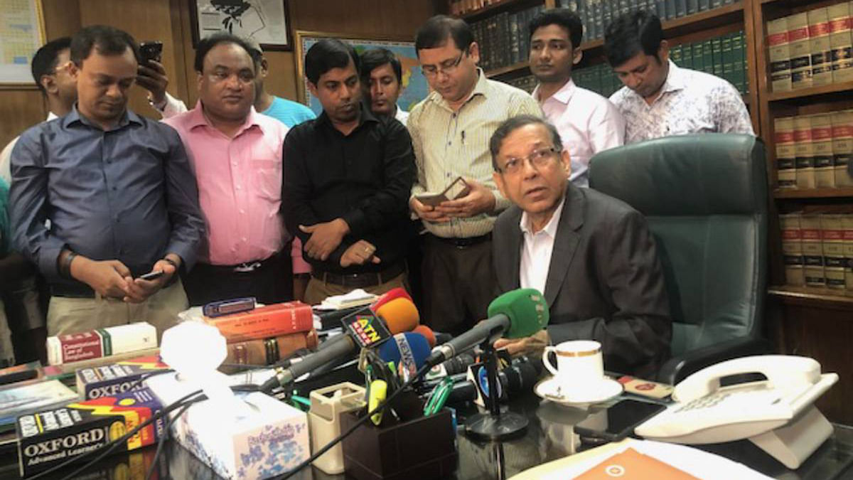 Law minister Anisul Huq talks to newsmen at his Secretariat office in Dhaka on Wednesday. Photo: UNB