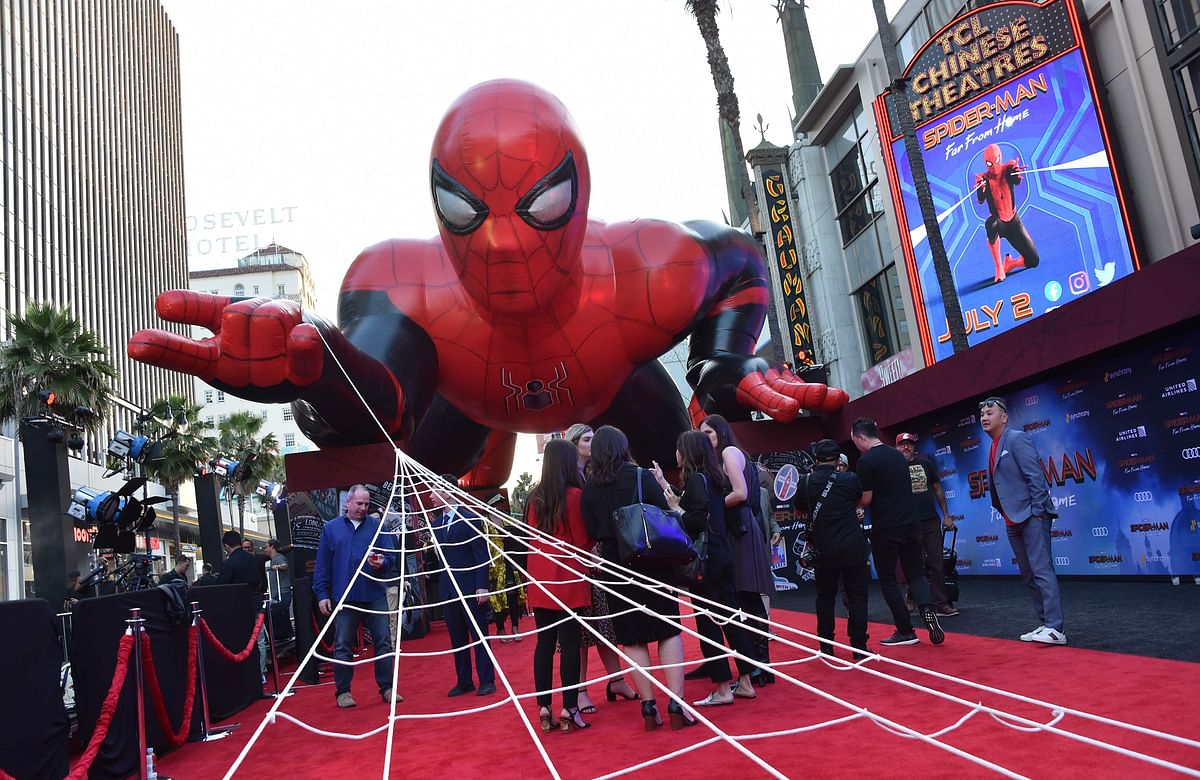 In this file photo taken on June 26, 2019 a giant inflatable Spider-Man is displayed on the red carpet for the `Spider-Man: Far From Home` World premiere at the TCL Chinese theatre in Hollywood.
