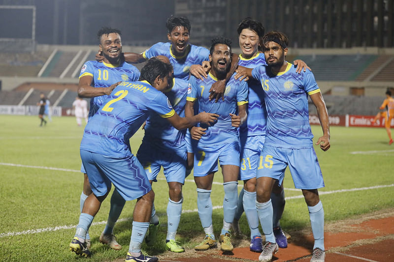 Dhaka Abahani’s midfielder Sohel Rana celebrate with his teammates after scoring a goal against North Korea’s April 25 SC in AFC Cup semifinal at Bangabandhu National Stadium on Wednesday. Photo: Prothom Alo