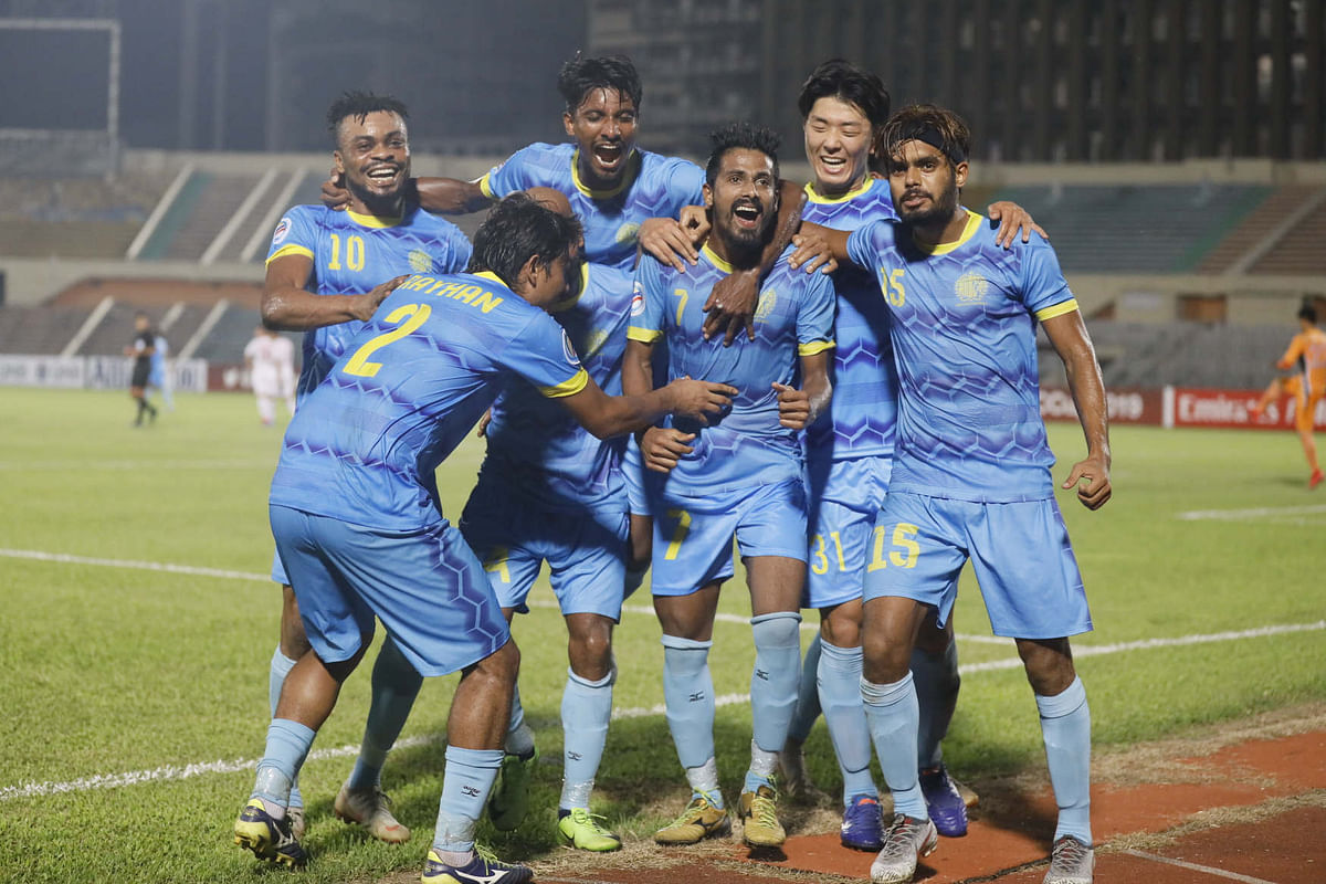 Dhaka Abahani’s midfielder Sohel Rana celebrate with his teammates after scoring a goal against North Korea’s April 25 SC in AFC Cup semifinal at Bangabandhu National Stadium on Wednesday. Photo: Prothom Alo