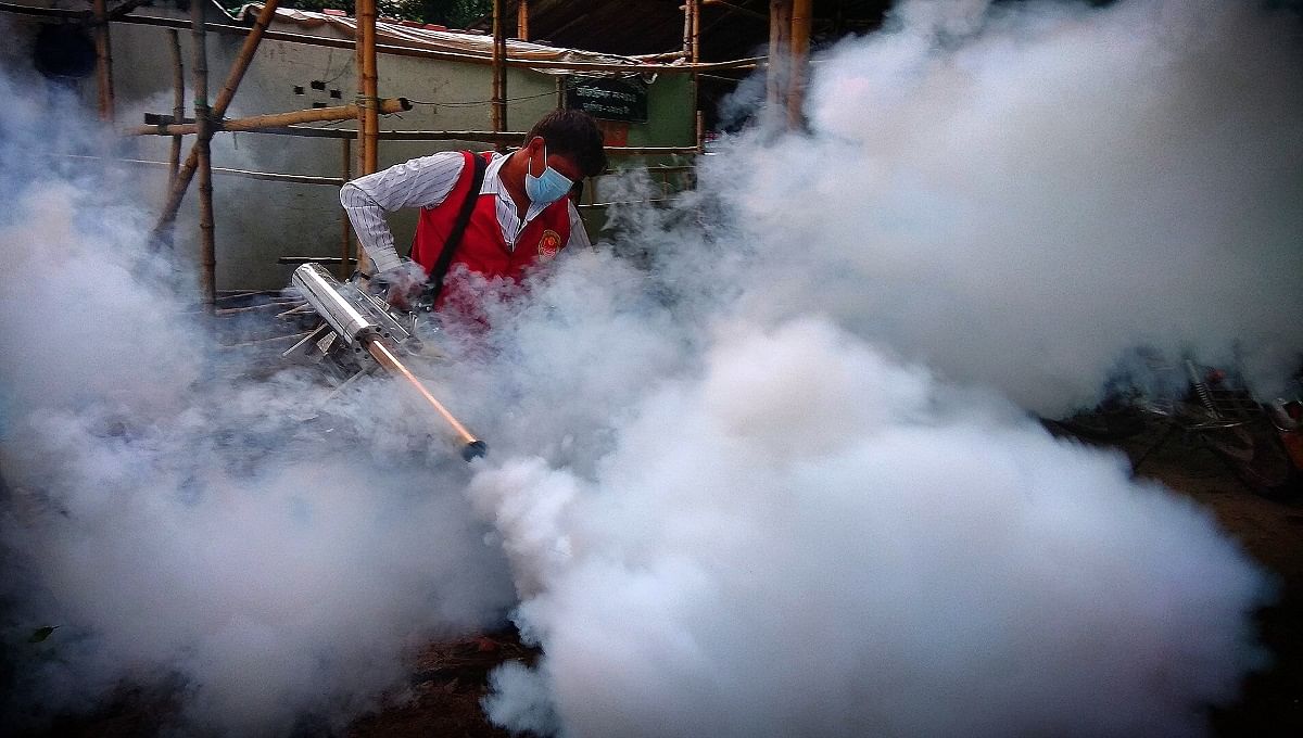 A worker fumigates an area to prevent mosquitos from breeding in a residential area on 21 August 2019. Photo: UNB