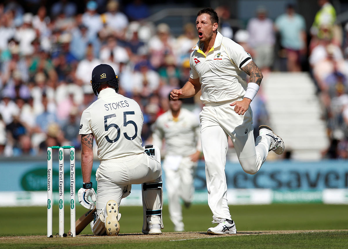 Australia`s James Pattinson celebrates taking the wicket of England`s Ben Stokes Action Images via Reuters