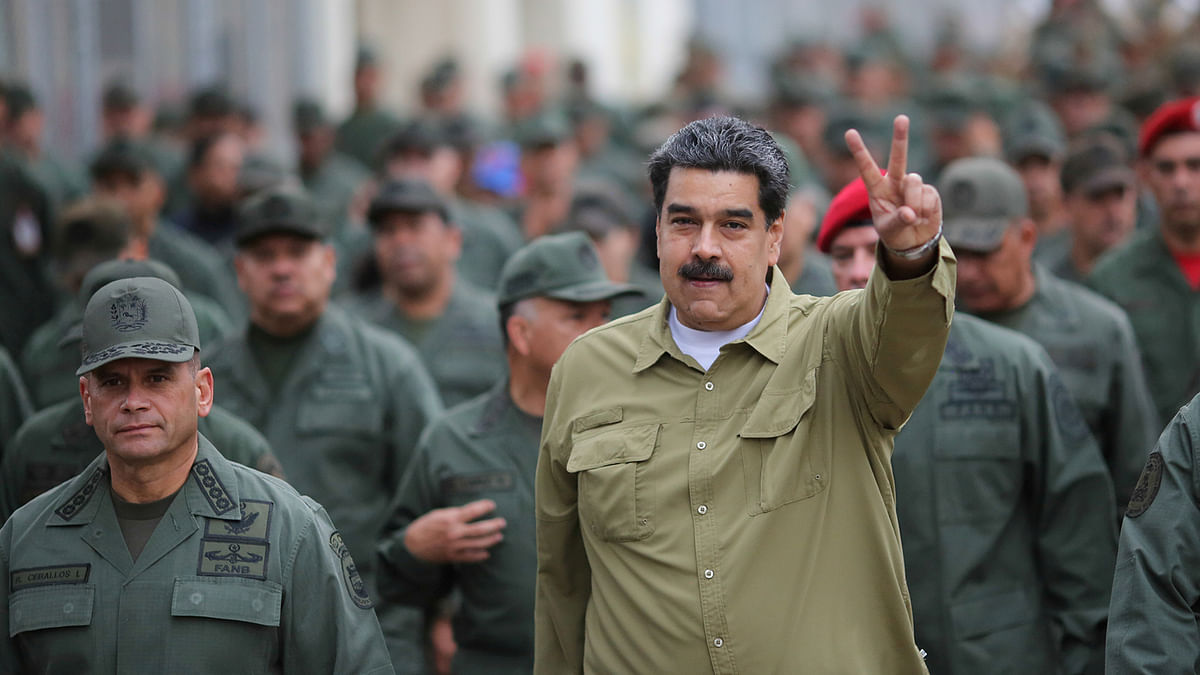 Venezuela`s President Nicolas Maduro gestures during a meeting with soldiers at a military base in Caracas. Photo: Reuters