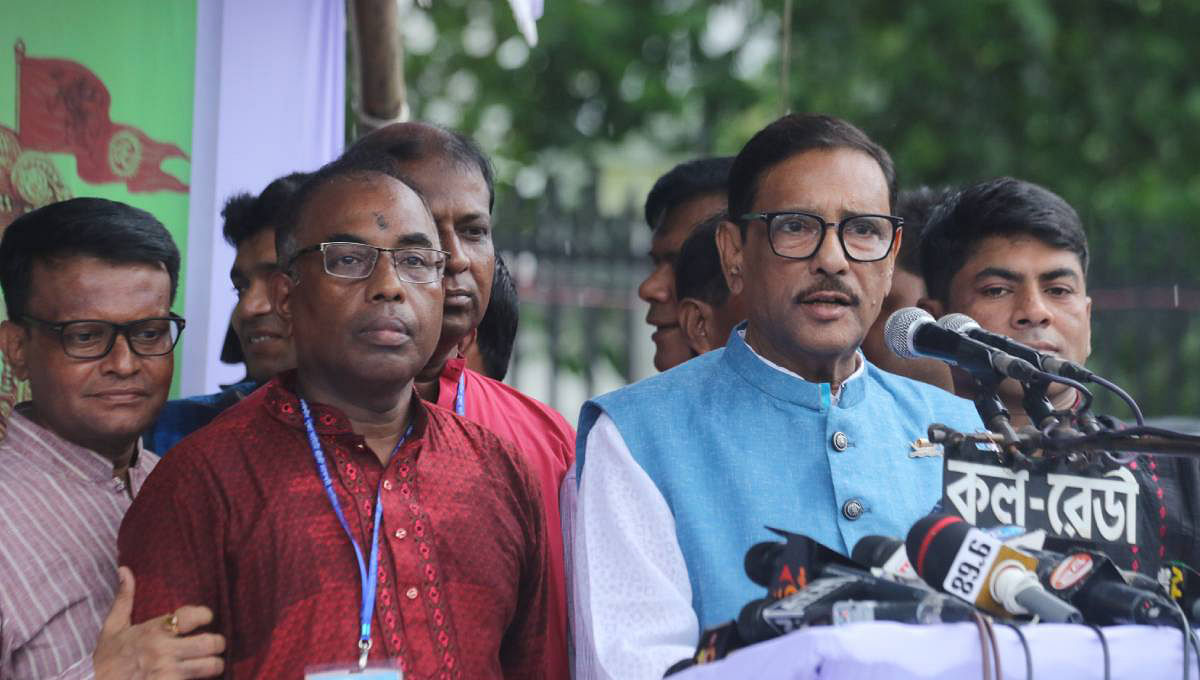 Awami League’s general secretary Obaidul Quader speaks at a rally at Palashi intersection in Dhaka on Friday, 23 August, 2019. Photo: UNB