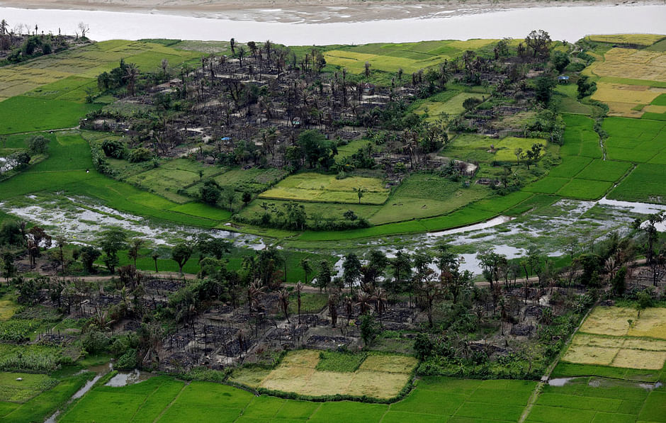 Aerial view of a burned Rohingya village near Maungdaw, north of Rakhine State, Myanmar, on 27 September 2017