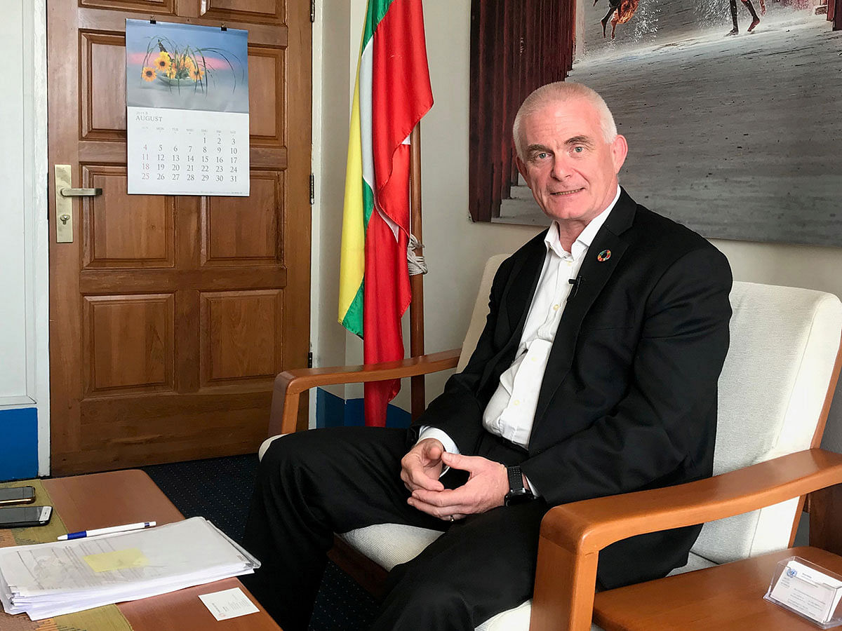 Knut Ostby, the UN head of Myanmar, talks to the media at his office in Yangon, Myanmar, on 22 August 2019. Photo: Reuters