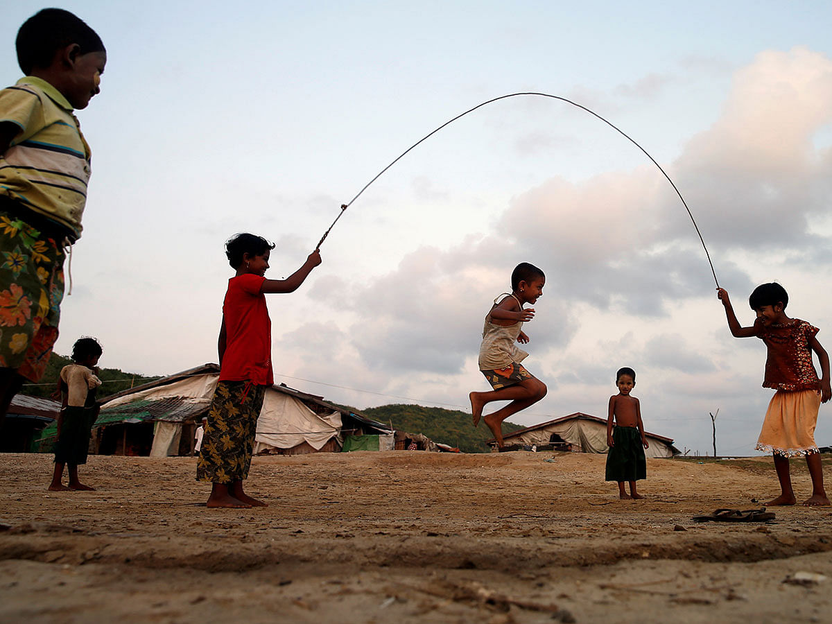 Boys play inside a Rohingya refugee camp outside Kyaukpyu in Rakhine state, Myanmar on 17 May 2017. Reuters File Photo
