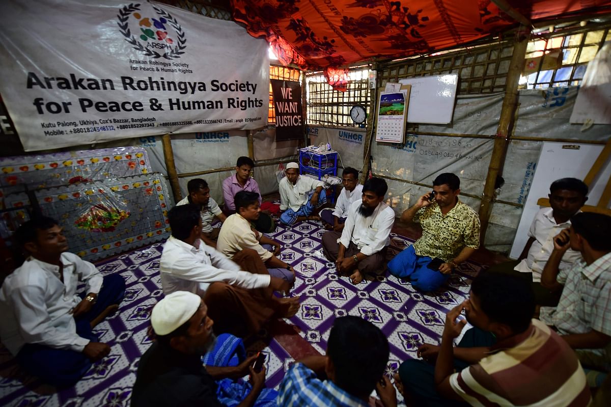 Rohingya leaders attend a meeting to plan a rally ahead of the second year anniversary of the 2017 Rohingya crisis in Kutupalong refugee camp in Ukhia on 23 August 2019. Almost a million stateless Rohingya live in camps in southern Bangladesh after fleeing a military crackdown in Rakhine state in Myanmar. Photo: AFP