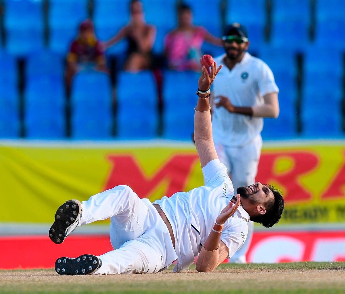 Ishant Sharma of India celebrates the dismissal of Shimron Hetmyer of West Indies during day 2 of the 1st Test between West Indies and India at Vivian Richards Cricket Stadium in North Sound, Antigua and Barbuda, on 23 August 2019. Photo: AFP