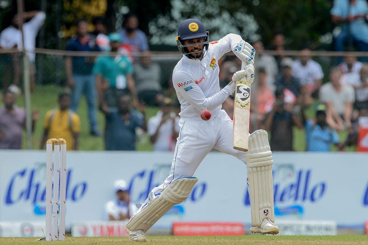 Sri Lanka’s cricketer Dhananjaya de Silva plays a shot during the third day of the final cricket Test match between Sri Lanka and New Zealand at P. Sara Oval stadium in Colombo on Saturday. Photo: AFP