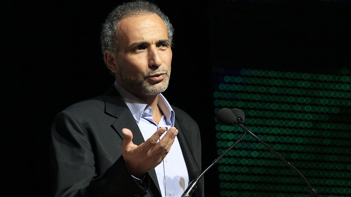 In this file photo taken on 7 April 2012 shows Swiss Muslim intellectual and professor Tariq Ramadan speaking during a meeting focused on `Faith and Resistance, Reform and Expectancy` at the yearly meeting of French Muslims organized by the Union of Islamic Organisations of France (UOIF) in Le Bourget, outside Paris. Photo: AFP
