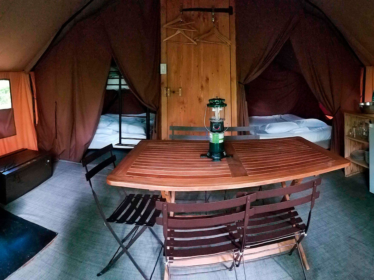 This panoramic photo shows the interior of a tent at the Huttopia Sutton glamping ground in Quebec, Canada, on 14 August 2019. Photo: AFP