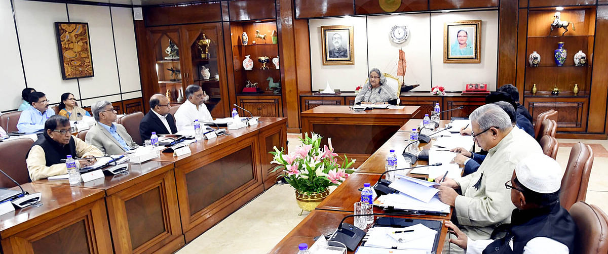 Prime minister Sheikh Hasina addresses the maiden meeting of the National Steering Committee on migration held at the Prime Minister Office (PMO) in the capital on Sunday. Photo: PID