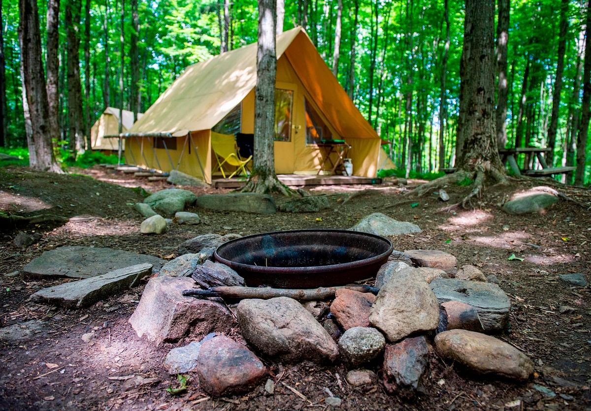 his photo shows the exterior of The Canadienne tent at the Huttopia Sutton glamping ground in Quebec, Canada, on 14 August 2019. Photo: AFP
