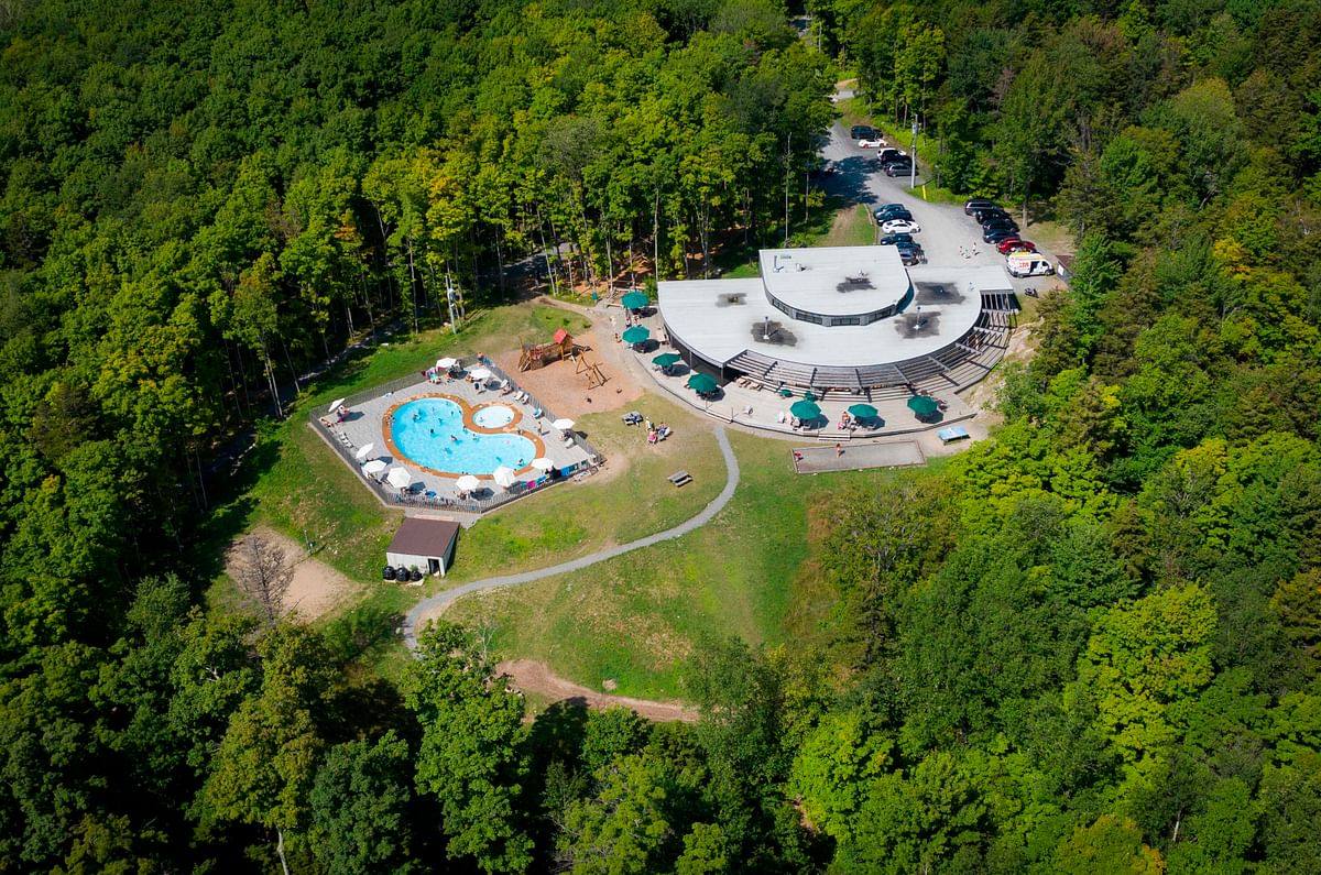This aerial photo shows the lodge of the Huttopia Sutton glamping ground in Quebec, Canada, on 14 August 2019. Photo: AFP