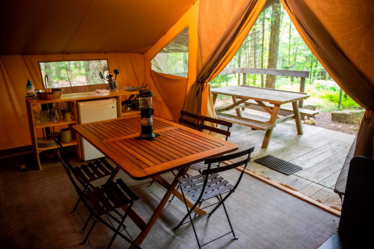 This photo shows the interior of The Trapper tent at the Huttopia Sutton glamping ground in Quebec, Canada, on 14 August 2019. Photo: AFP