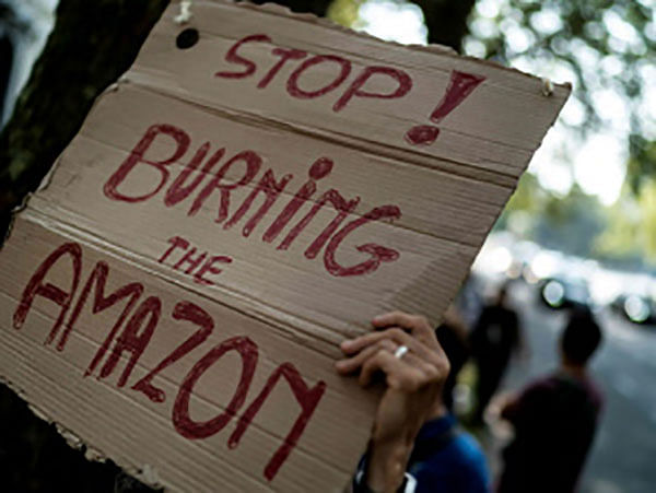 A protester holds a placard in front of the Brazilan Embassy during a demonstration organised by Extinction Rebellion activists in Brussels, 26 August 2019, calling on Brazil to act to protect the Amazon rainforest from deforestation and fire. The Amazon rainforest has seen a record number of wildfires this year, which have triggered a global outcry. Photo: AFP