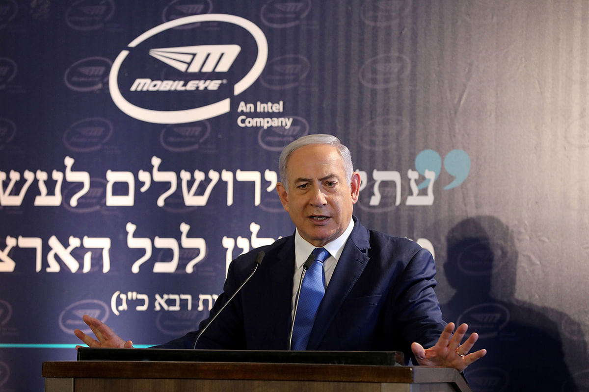 Israeli prime minister Benjamin Netanyahu speaks during a cornerstone-laying ceremony for Mobileye`s center in Jerusalem on 27 August 2019. Photo: Reuters