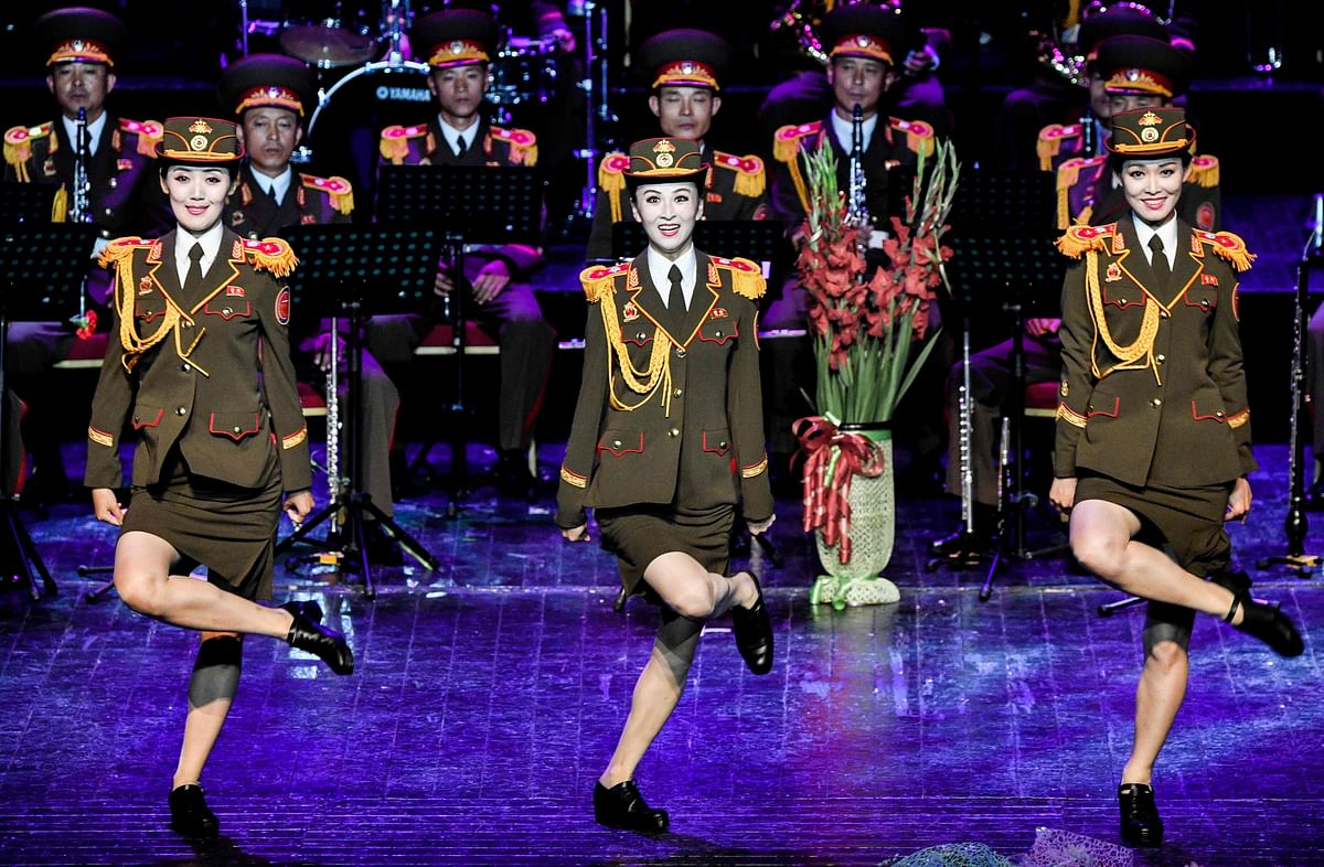 The Ensemble of Korean People`s Army of North Korea performs on the Russia`s Army Theatre`s stage during the `Spasskaya Tower` international military music festival in Moscow on 26 August 2019. Photo: AFP