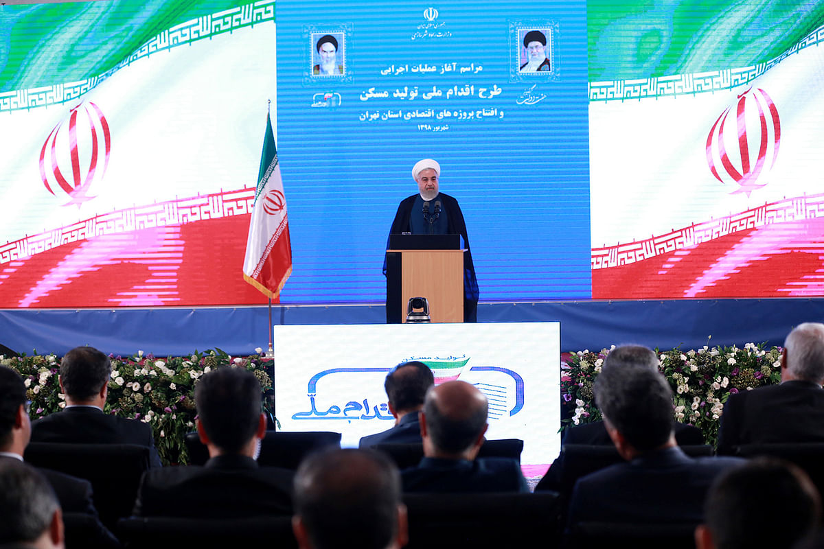 Iranian president Hassan Rouhani delivers a speech during the Inauguration ceremony for National Action on Housing Construction Scheme in Tehran, Iran on 27 August 2019. Photo: Reuters