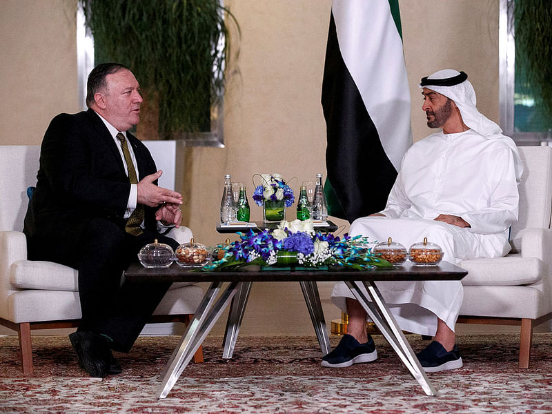 US Secretary of State Mike Pompeo meets with Abu Dhabi`s Crown Prince Mohammed Bin Zayed in Abu Dhabi, United Arab Emirates on 24 June. Reuters File Photo